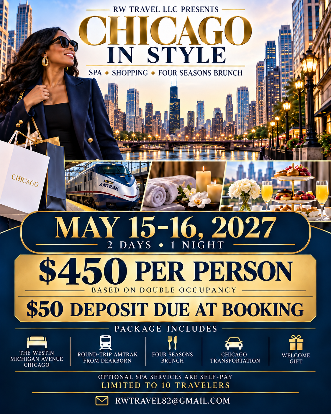 Chicago in Style flyer: spa, shopping, and Four Seasons brunch, May 15–16, 2027