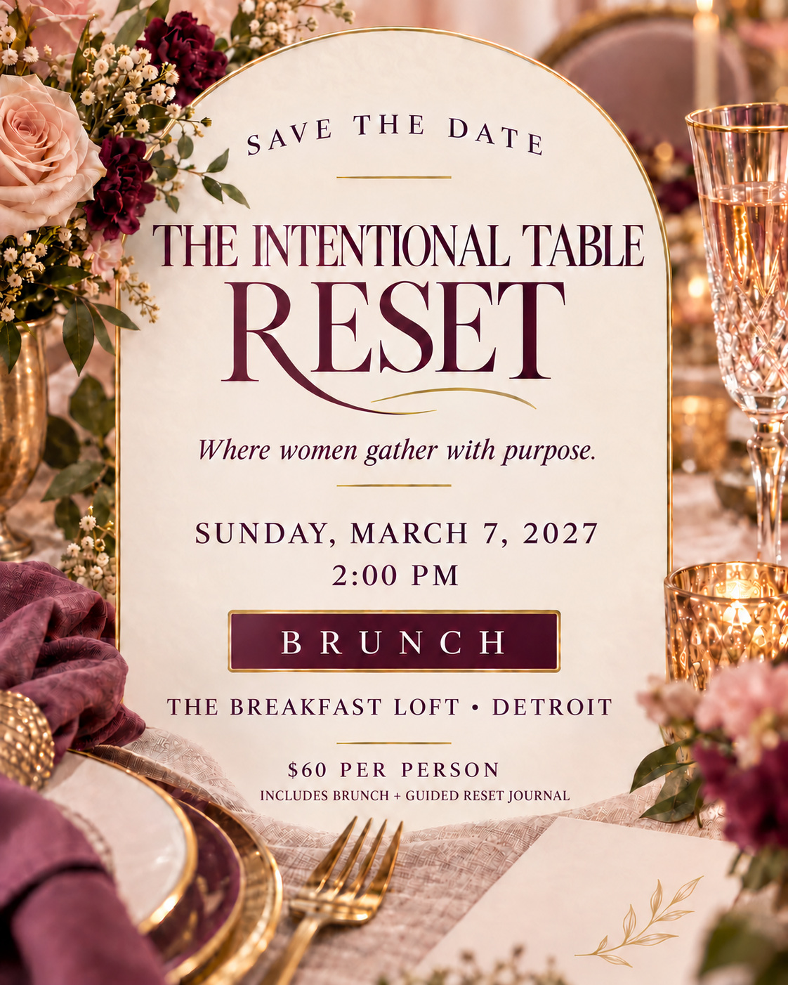 Save the date for The Intentional Table: RESET brunch on Sunday, March 7, 2027, at 2 PM at The Breakfast Loft in Detroit. Tickets are $60 and include brunch and a guided reset journal.